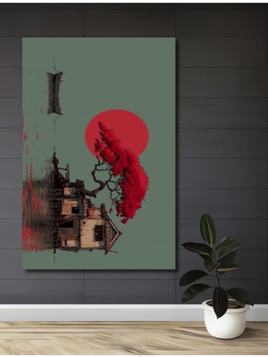 Japonya Tarzı Kırmızı Ağaçlı Ev ve Gün Batımı Ahşap Dekoratif Ev,antre,salon,ofis,mutfak Tablo