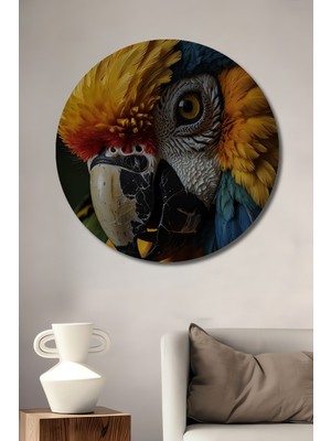 Büyüleyici Macaw Kuş Tablosu Sulu Boya Görünümlü Ahşap Dekoratif Tablo Yuvarlak Duvar Tablosu
