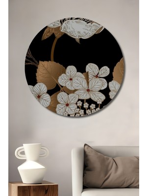 Altın Varak Baskı Detaylı Çiçek Sanatı Ahşap Dekoratif Tablo Yuvarlak Duvar Tablosu