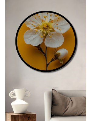 Sarı Fonlu Beyaz Çiçek Yağlı Boya Görünümlü Ahşap Tablo Yuvarlak Duvar Tablosu Çerçeve Görünümlü