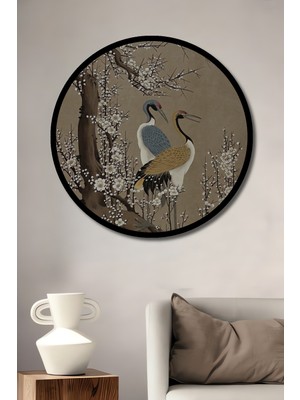 Sulu Boya Görünüm Japon Deresi ve Kiraz Çiçekleri Ahşap Tablo Yuvarlak Duvar Tablosu Çerçeve Görünüm