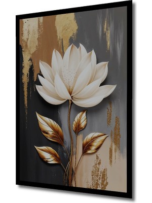 Altın Yapraklı Beyaz Lotus Çiçeği Yağlı Boya Görünümlü Modern Sanat Ahşap Tablo Çerçeve Görünümlü
