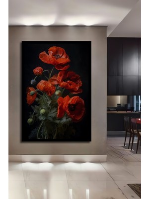 Büyüleyici Kırmızı Gelincik Yağlı Boya Görünümlü Ahşap Ev,antre,ofis,mutfak Tablo Çerçeve Görünümlü