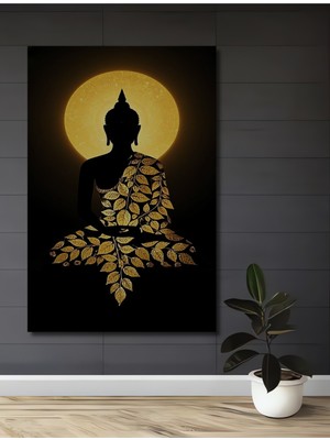Altın Yapraklı Meditatif Buda Ahşap Dekoratif Ev,antre,salon,ofis,mutfak,yatak Odası Tablo