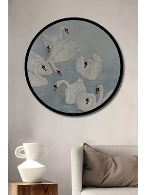 Kuğu Sürüsü Sulu Boya Görünümlü Sanat Tablosu Yuvarlak Duvar Tablosu Çerçeve Görünümlü