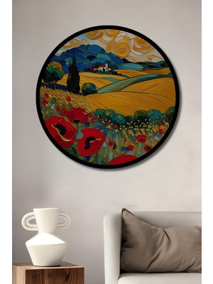 Hasır Çiçek Tarlası Yağlı Boya Görünümlü Ahşap Tablo Yuvarlak Duvar Tablosu Çerçeve Görünümlü