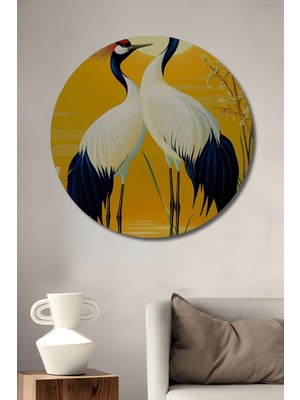 Leyleklerin Dansı Yağlı Boya Görünümlü Ahşap Dekoratif Tablo Yuvarlak Duvar Tablosu