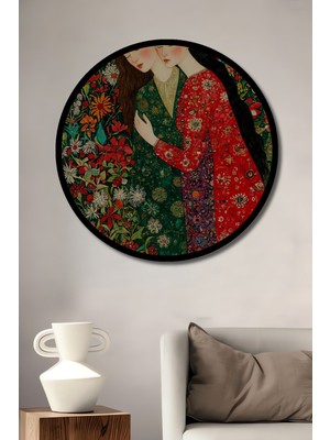 Iki Kadın Çiçek Bahçesi Yağlı Boya Görünümlü Ahşap Tablo Yuvarlak Duvar Tablosu Çerçeve Görünümlü
