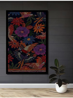 Tropikal Kuşlar ve Çiçekler Yağlı Boya Görünümlü Ahşap Ev,antre,ofis,mutfak Tablo Çerçeve Görünümlü