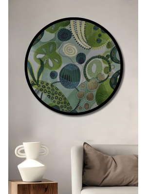 Soyut Yeşil Dona Görünümlü Dekoratif Ahşap Tablo Yuvarlak Duvar Tablosu Çerçeve Görünümlü