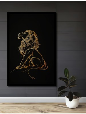 Aslan Desenli Altın Varak Görünümlü Modern Sanat Ahşap Ev,ofis,yatak Odası Tablo Çerçeve Görünümlü