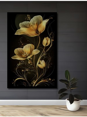 Altın Lale Çiçek Yağlı Boya Görünümlü Ahşap Ev,antre,ofis,mutfak,yatak Odası Tablo Çerçeve Görünümlü