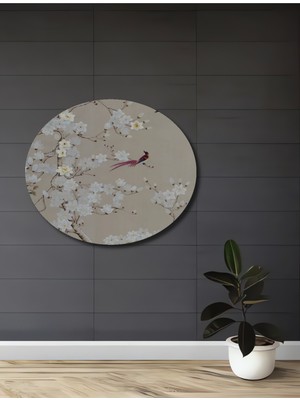 Asya Esintili Kuş ve Beyaz Çiçekler Yağlı Boya Görünümlü Ahşap Dekoratif Ev,antre,salon,ofis Tablo