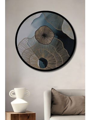 Altın Varaklı Soyut Çiçek Desenli Modern Sanat Ahşap Tablo Yuvarlak Duvar Tablosu Çerçeve Görünümlü