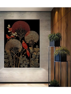 Görkemli Kırmızı Kuşlu Altın Ağaçlar Yağlı Boya Görünümlü Sanat Ev,antre,salon,ofis,mutfak Tablosu