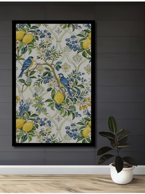 Sulu Boya Görünümlü Çift Kuşlu Limon Bahçesi Ahşap Ev,antre,ofis,mutfak Tablo Çerçeve Görünümlü