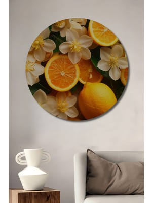 Cömert Portakallar ve Beyaz Çiçekler Yağlı Boya Görünümlü Ahşap Tablo Yuvarlak Duvar Tablosu