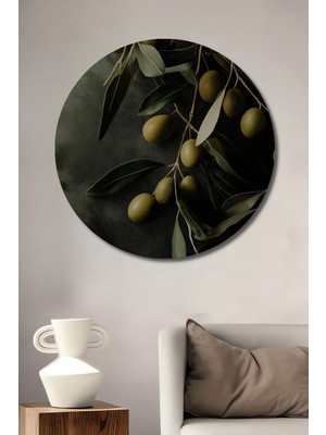 Zeytin Dalı Yağlı Boya Görünümlü Dekoratif Ahşap Tablo Yuvarlak Duvar Tablosu