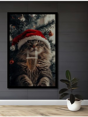 Şık Yılbaşı Kedisi Yağlı Boya Görünümlü Ahşap Ev,antre,ofis,yatak Odası Tablo Çerçeve Görünümlü