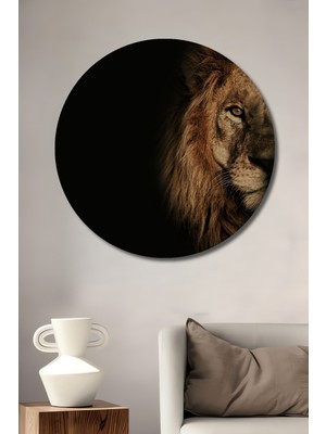 Aslan Kral Yağlı Boya Görünümlü Ahşap Tablo Yuvarlak Duvar Tablosu