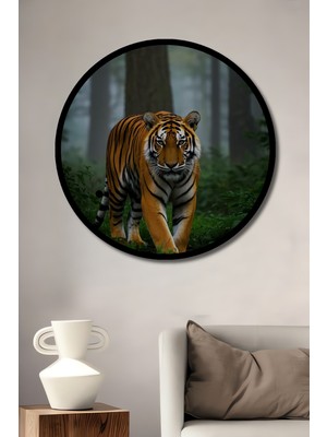 Vahşi Kaplan Orman Sürprizi Yağlı Boya Görünüm Ahşap Tablo Yuvarlak Duvar Tablosu Çerçeve Görünüm