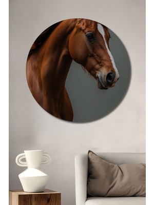 Görkemli At Yağlı Boya Görünümlü Ahşap Dekoratif Tablo Yuvarlak Duvar Tablosu