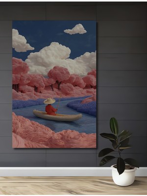 Pembe Bulutlar Altında Sakin Yolculuk Sulu Boya Görünümlü Ahşap Dekoratif Ev,antre,salon Tablo