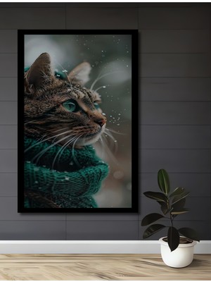 Kışın Büyüsü Zümrüt Gözlü Kedi Yağlı Boya Görünümlü Ahşap Ev,antre,ofis Tablo Çerçeve Görünümlü