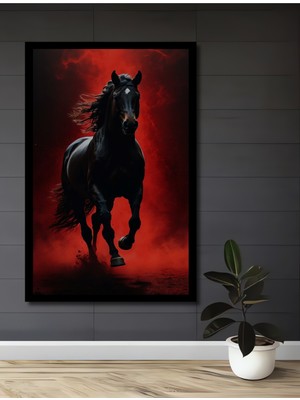 Kızıl Ateş Atı Yağlı Boya Görünümlü Ahşap Ev,antre,ofis,mutfak,yatak Odası Tablo Çerçeve Görünümlü