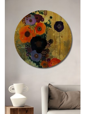 Altın Zemin Üzerinde Canlı Çiçekler Yağlı Boya Görünümlü Ahşap Tablo Yuvarlak Duvar Tablosu