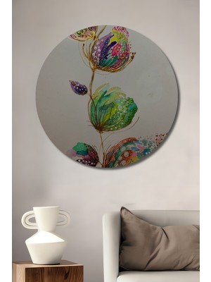 Renkli Çiçek Desenli Sulu Boya Görünümlü Soyut Sanat Dekoratif Ahşap Tablo Yuvarlak Duvar Tablosu
