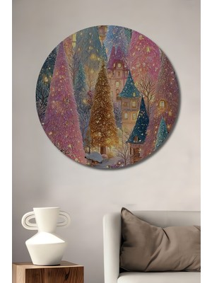 Rüyalar Diyarı Noel Ağaçları Sulu Boya Görünümlü Ahşap Dekoratif Tablo Yuvarlak Duvar Tablosu