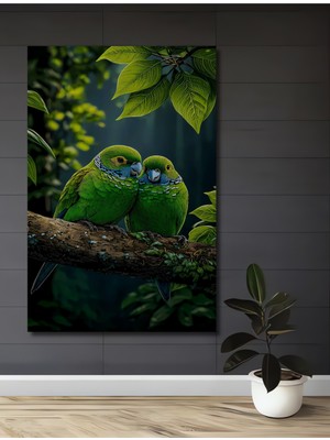 Sevgi Dolu Papağan Çifti Yağlı Boya Görünümlü Ahşap Dekoratif Ev,antre,salon,ofis,mutfak Tablo