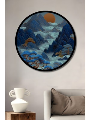 Büyülü Ormanlar ve Sisli Dağlar Sulu Boya Görünüm Ahşap Tablo Yuvarlak Duvar Tablosu Çerçeve Görünüm