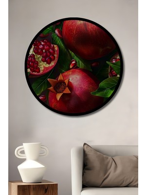 Nar Taneleri Yağlı Boya Görünümlü Ahşap Dekoratif Tablo Yuvarlak Duvar Tablosu Çerçeve Görünümlü