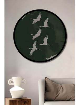 Göçe Kuşları Sürüsü Sulu Boya Görünümlü Ahşap Tablo Yuvarlak Duvar Tablosu Çerçeve Görünümlü