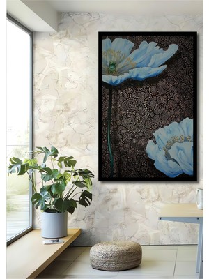 Büyülü Mavi Gelincik Yağlı Boya Görünümlü Ahşap Ev,antre,salon,ofis,mutfak Tablo Çerçeve Görünümlü