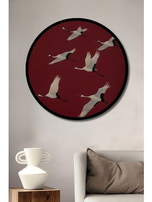 Görsel Tasarım Çuval Görünümlü Turnalar Ahşap Tablo Yuvarlak Duvar Tablosu Çerçeve Görünümlü