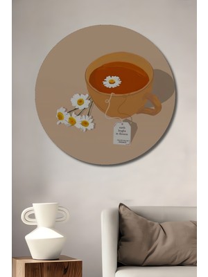 Papatyalı Çay Fincanı Yağlı Boya Görünümlü Ahşap Dekoratif Tablo Yuvarlak Duvar Tablosu