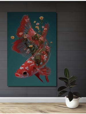Kızıl Betta Balığı Çiçek Açan Rüya Ahşap Dekoratif Ev,antre,salon,ofis,mutfak,yatak Odası Tablo