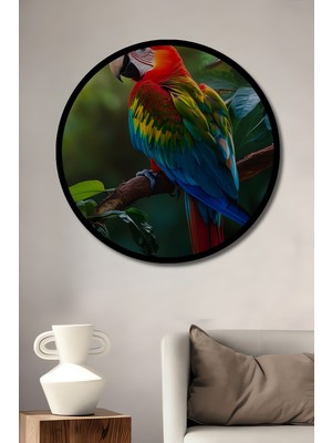 Canlı Renkler Tropik Papağan Yağlı Boya Görünüm Ahşap Tablo Yuvarlak Duvar Tablosu Çerçeve Görünüm