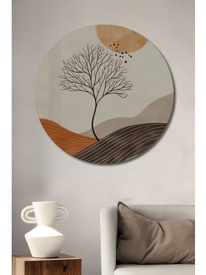 Soyut Ağaç Güneş Manzarası Yağlı Boya Görünümlü Dekoratif Ahşap Tablo Yuvarlak Duvar Tablosu