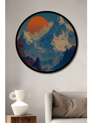 Muhteşem Gün Batımı Dağ Manzarası Yağlı Boya Görünümlü Ahşap Tablo Yuvarlak Tablo Çerçeve Görünümlü
