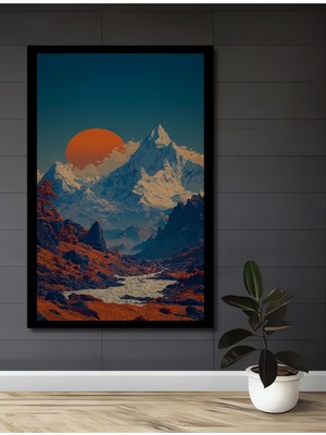 Muhteşem Gün Batımı Dağ Manzarası Yağlı Boya Görünümlü Ahşap Ev,antre,ofis Tablo Çerçeve Görünümlü