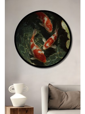 Asya Esintili Canlı Koi Balıkları Sulu Boya Görünüm Ahşap Tablo Yuvarlak Duvar Tablo Çerçeve Görünüm