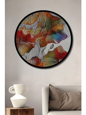 Renkli Çiçek Desenli Sulu Boya Görünüm Modern Sanat Ahşap Tablo Yuvarlak Duvar Tablo Çerçeve Görünüm