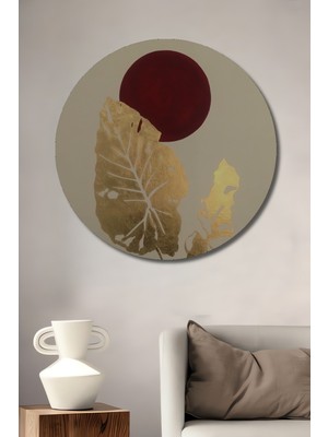 Altın Yaprak Kırmızı Güneş Sulu Boya Görünümlü Ahşap Dekoratif Tablo Yuvarlak Duvar Tablosu