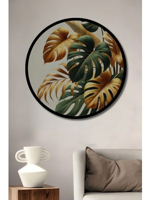 Altın ve Zümrüt Tropikal Yapraklar Yağlı Boya Görünümlü Ahşap Tablo Yuvarlak Tablo Çerçeve Görünümlü