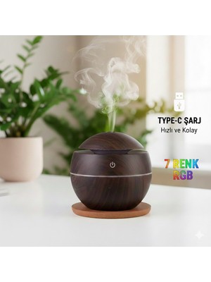 PrimeHome Şarjlı Oval Hava Nemlendirici - 7 Renk RGB Işıklı Difüzör - Type-C Girişli Aromaterapi Cihazı