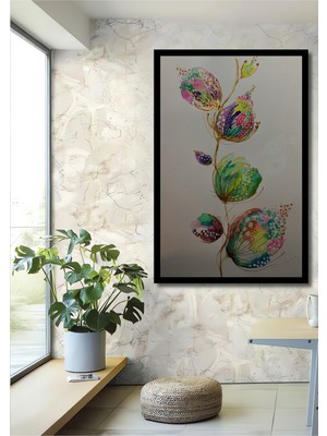 Renkli Çiçek Desenli Sulu Boya Görünümlü Soyut Sanat Ahşap Ev,antre,ofis Tablo Çerçeve Görünümlü